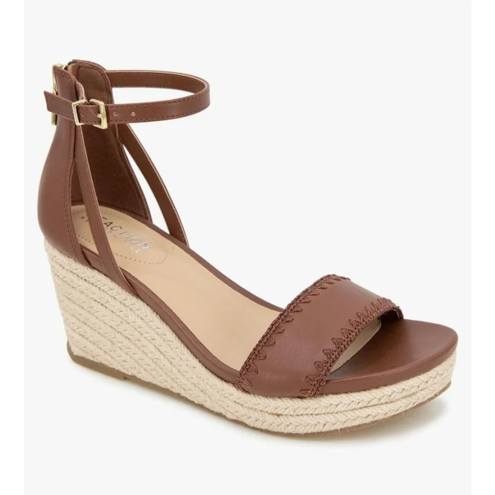 Kenneth Cole Macrame Strap Zipper Espadrille Wedge Platform 10 M COGNAC BROWN